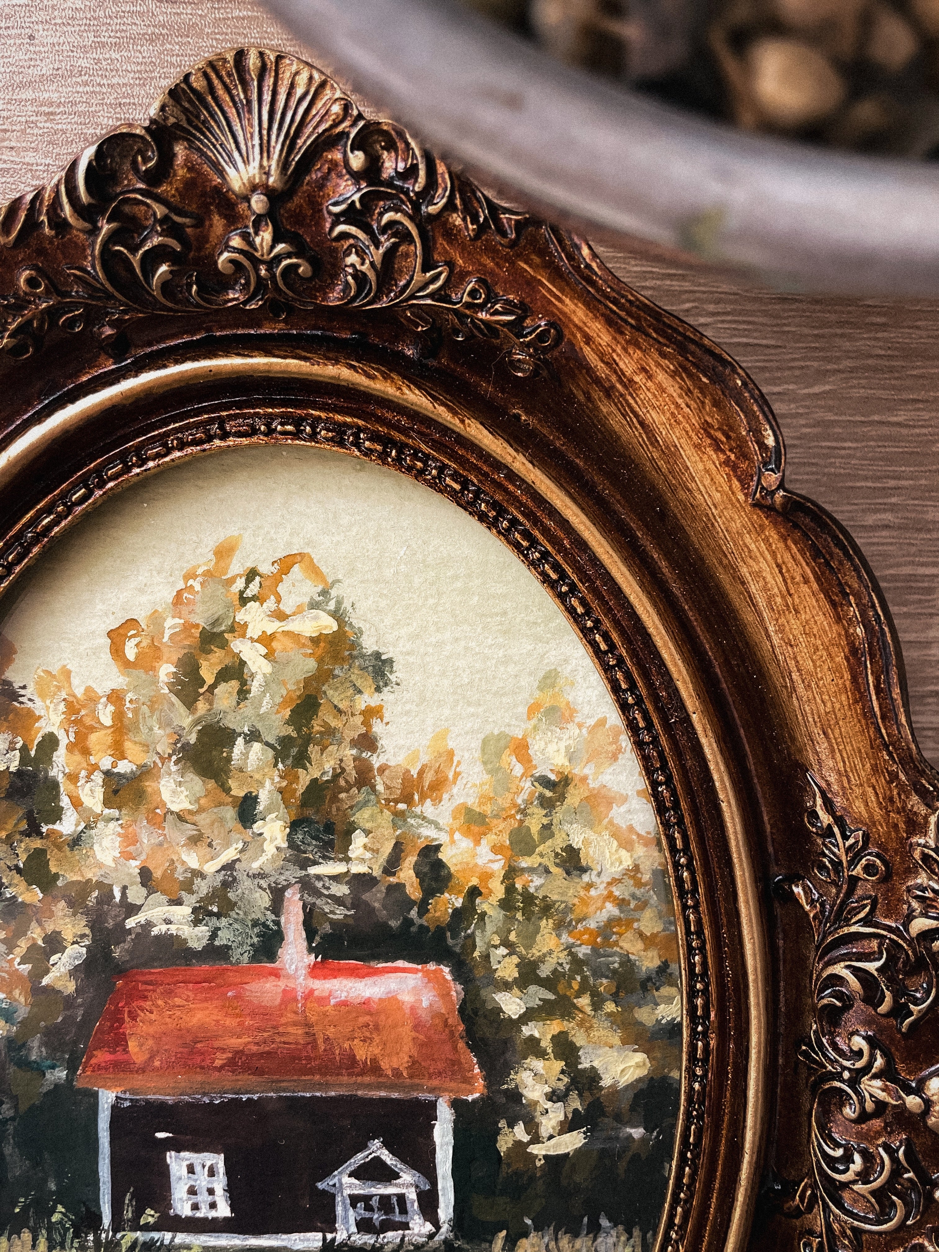 Antique Styled Landscape Artwork House in the forest close up two