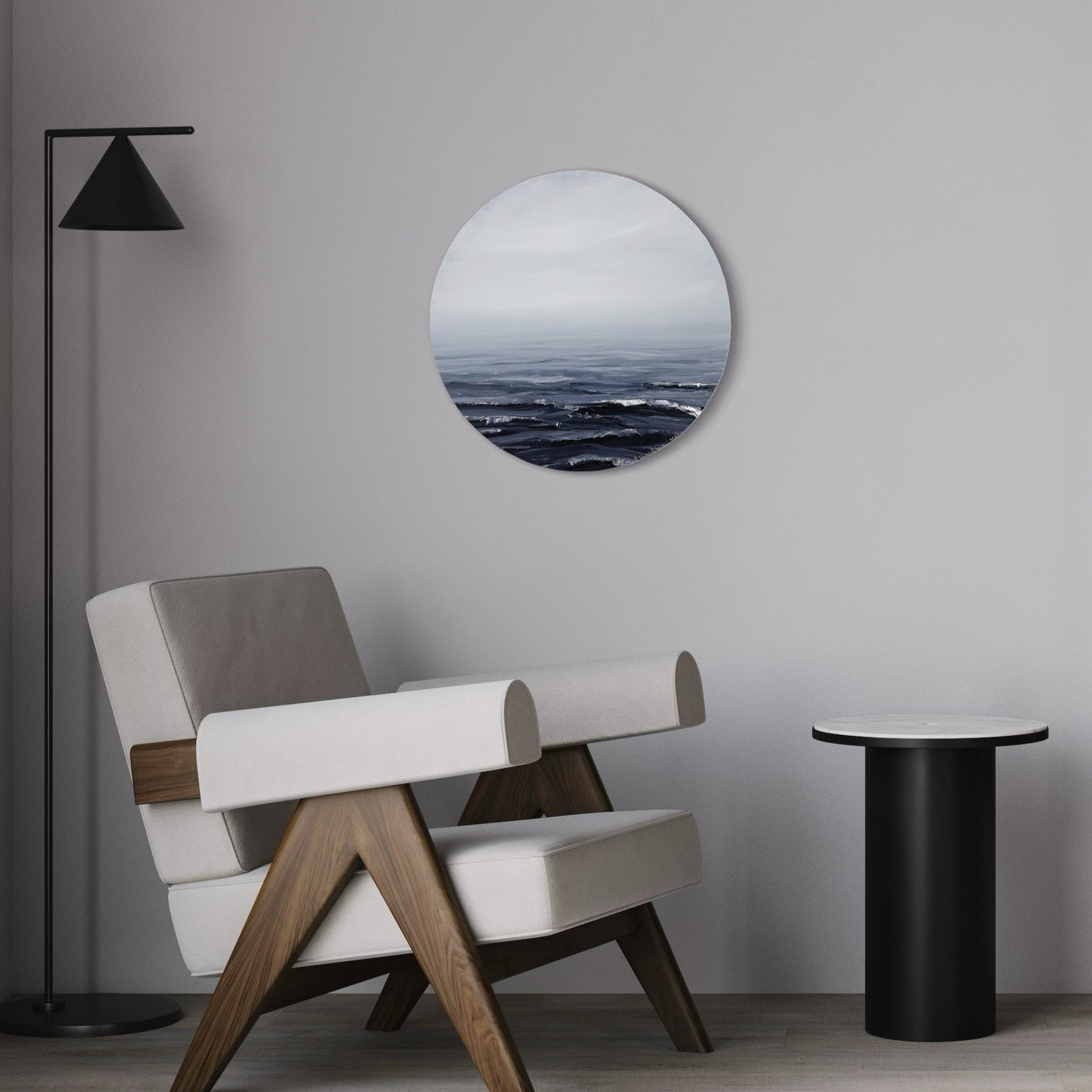 "Far From Home" is a semi-abstract seascape, ideal as reflective coastal wall art for beach house artwork. Interior
