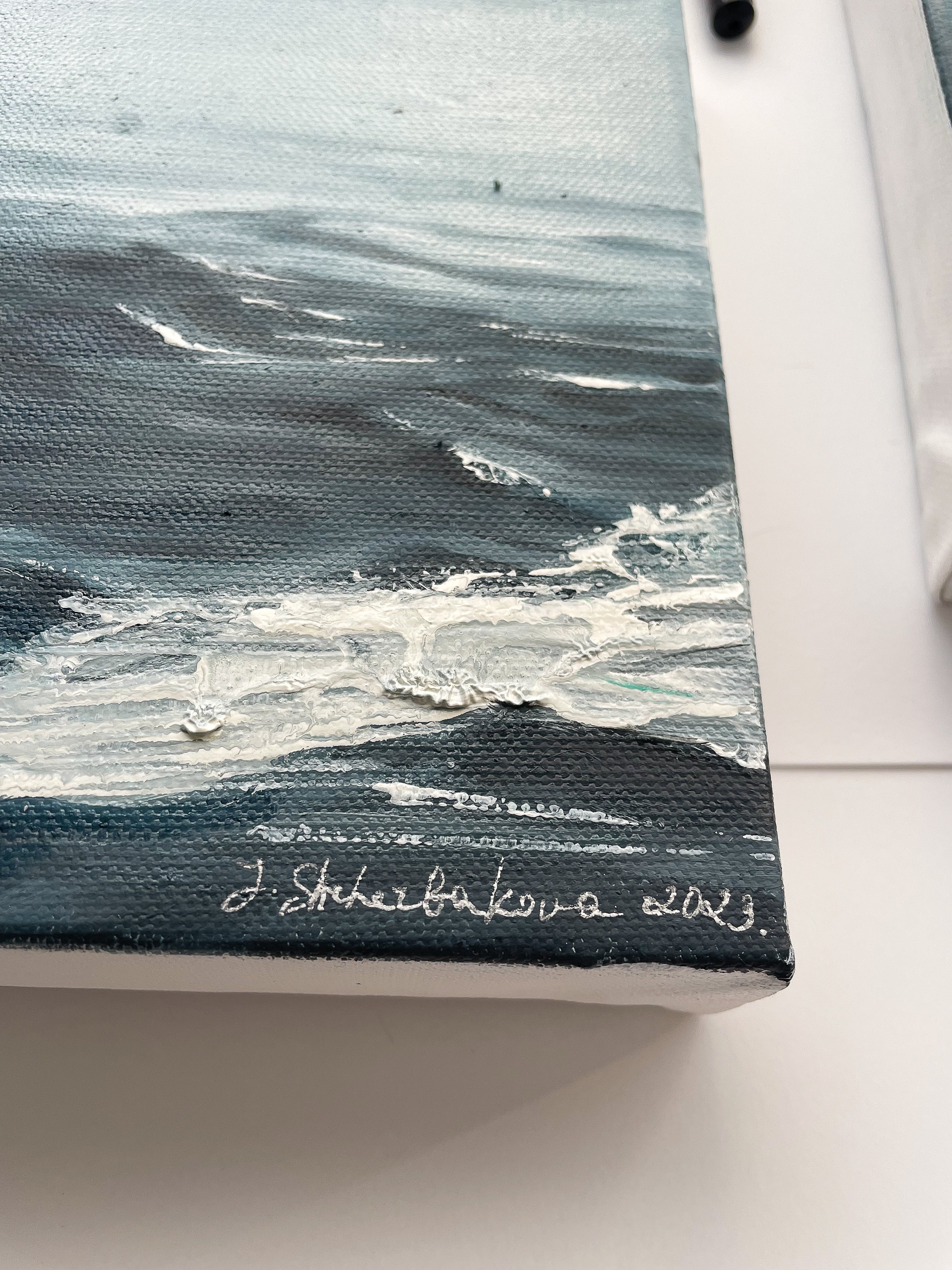 Abstract stormy seascape in coastal wall art, symbolising hope, perfect beach wall art for beach house artwork. Signature
