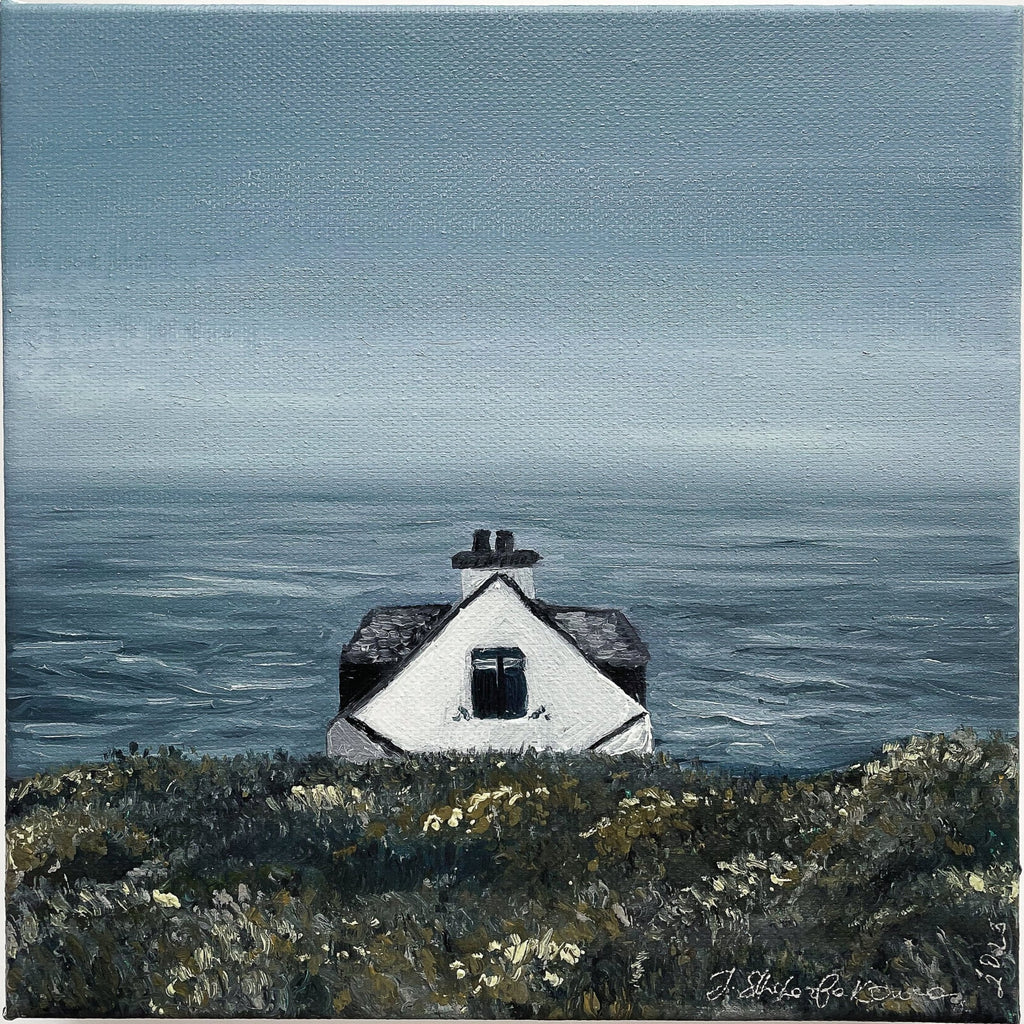 Landscape painting from Australia: Subtle, moody tones of a house and ocean evoke hope and desolation. Front
