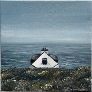 Landscape painting from Australia: Subtle, moody tones of a house and ocean evoke hope and desolation. Front
