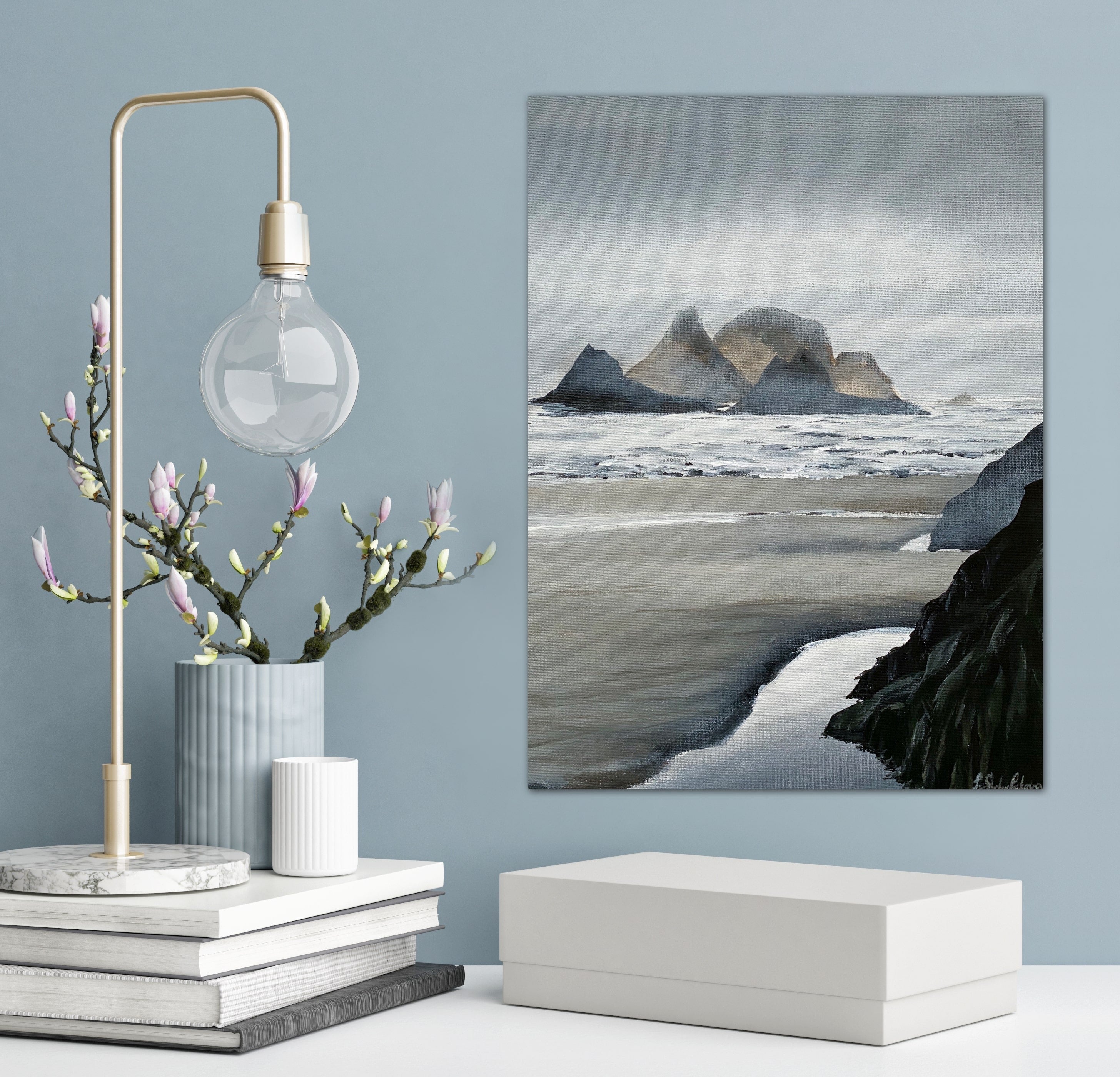 This landscape painting from Australia is inspired by distant, hazy shores. Australian landscape. landscape art. Study
