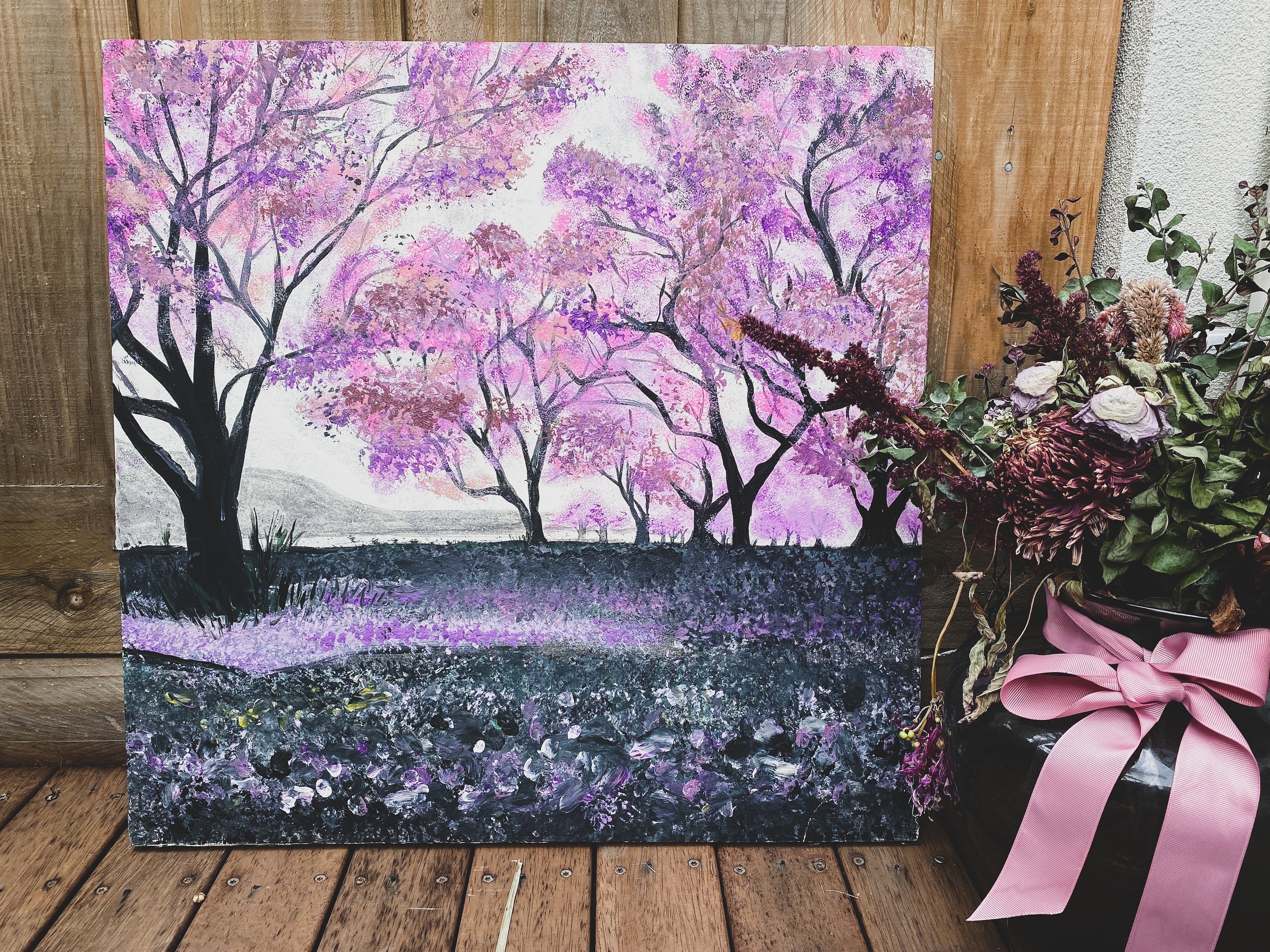 Sakura: Landscape Artwork With Acrylics On Wooden Panel