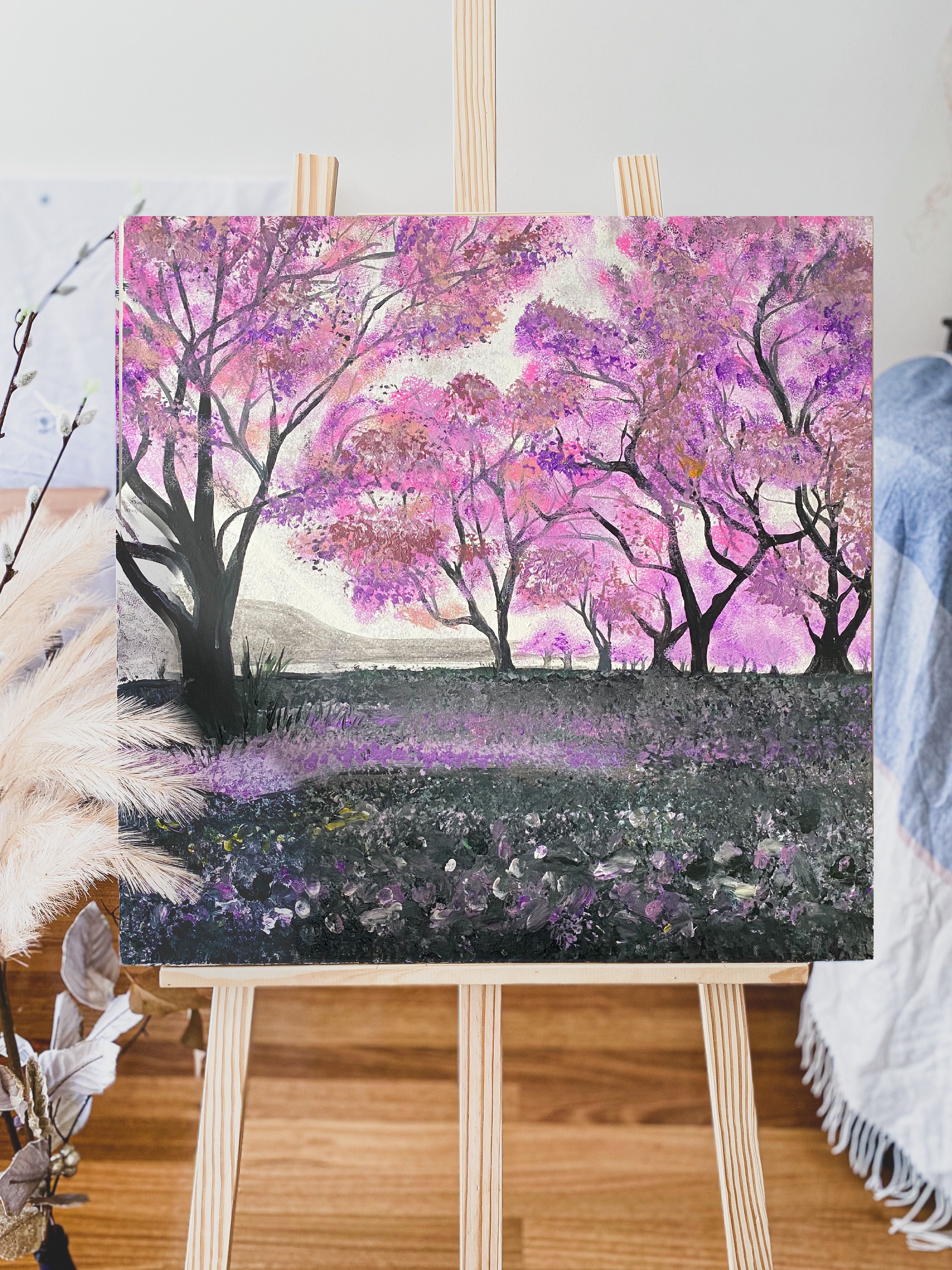 Landscape painting from Australia: Sakura-themed landscape art, capturing the spirit of Japan. Easel
