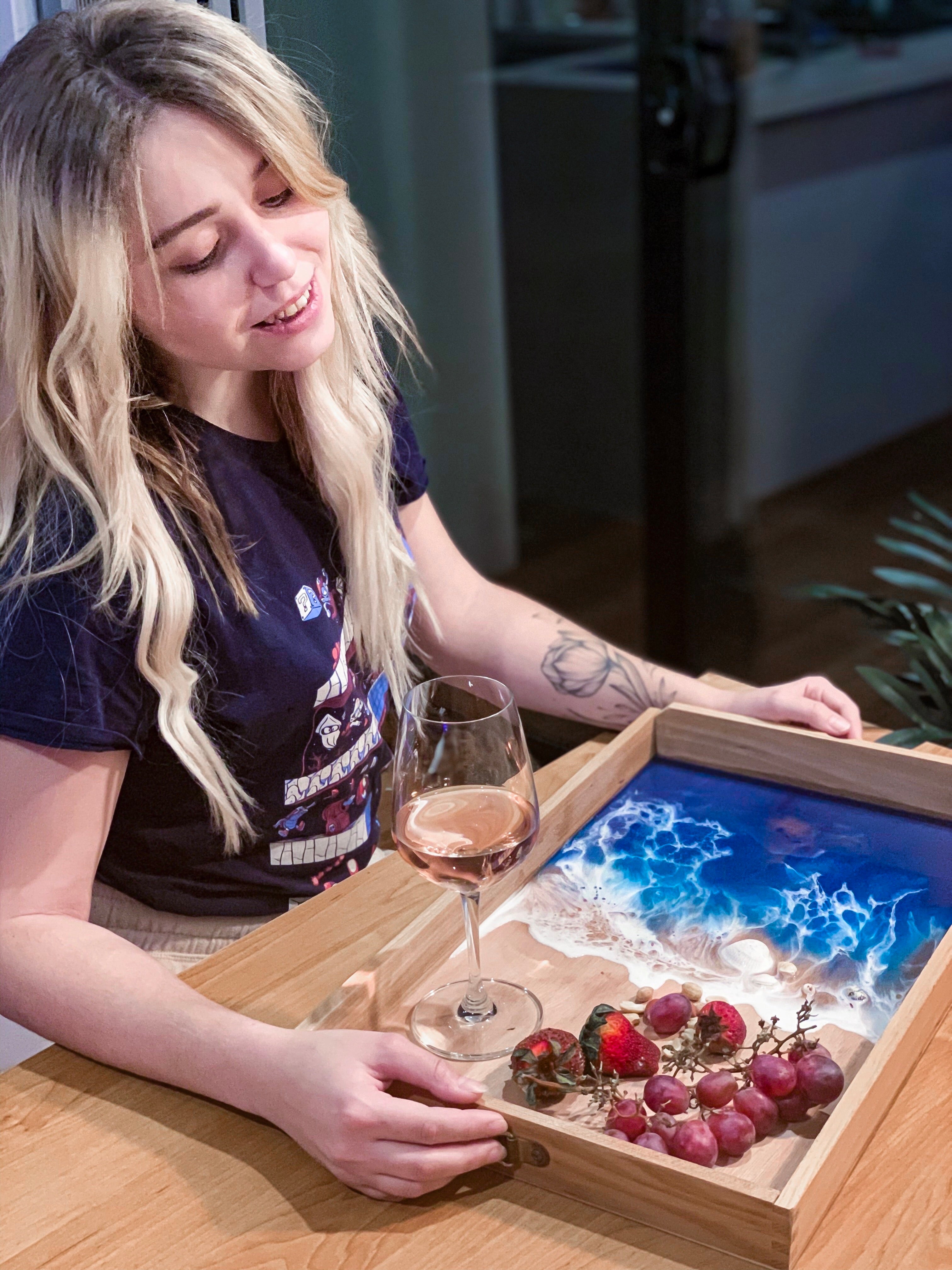 custom made Wooden Food Tray: Ocean Painting On Resin - Julia Resin Art